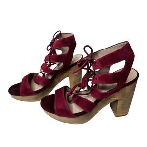 Hinge Burgundy Platform Lace-up Heeled Sandals Genuine Leather Upper Size 7M